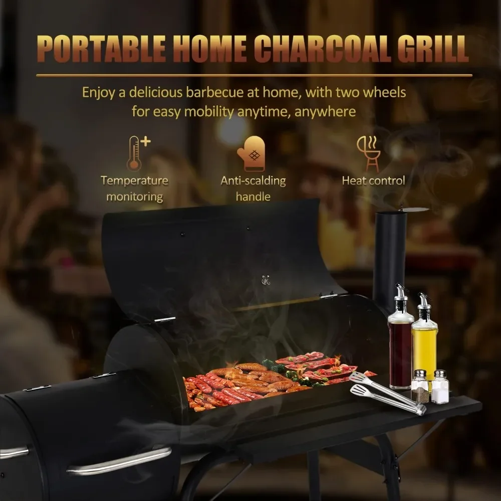 Charcoal Grills Outdoor BBQ Grill Offset Smoker with Wheels Side Fire Box Portable Barbecure Grill for Outdoor Cooking Backyard