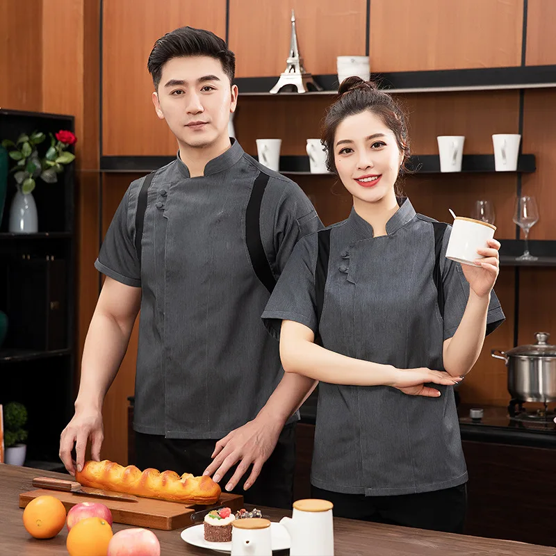 Summer Ice Silk Chef Overalls Short Sleeve Men's Breathable Hotel Dining Kitchen Clothes Women's Canteen Kitchen Restaurant Work