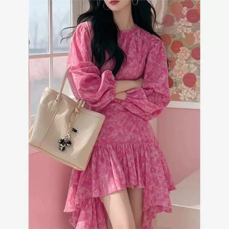 

Gagarich 2025 Spring New Women Wear Dopamine Beautiful Small Skirt French Style Rose Pink Floral Irregular Middle Elegant