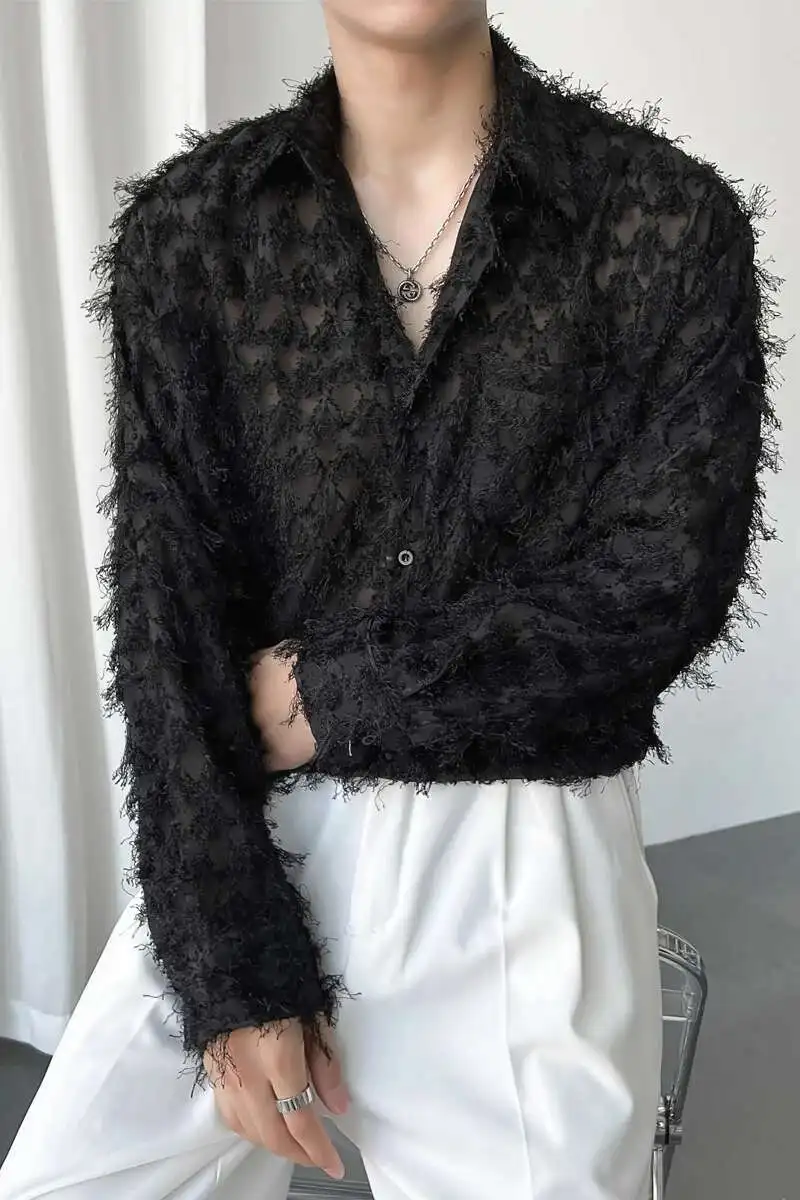 LUZHEN Sleeve Shirt Spring 2025 Trendy Men\'s Casual Long Solid Color Elegant Splicing Tassel Niche Design Fashion Tops 65aae1