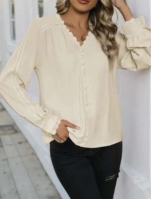 

Women's Shirt 2026 Slim Fit Fashionable and Elegant V-Neck Lace Stitching and Edging Solid Color Temperament Suitable for Work