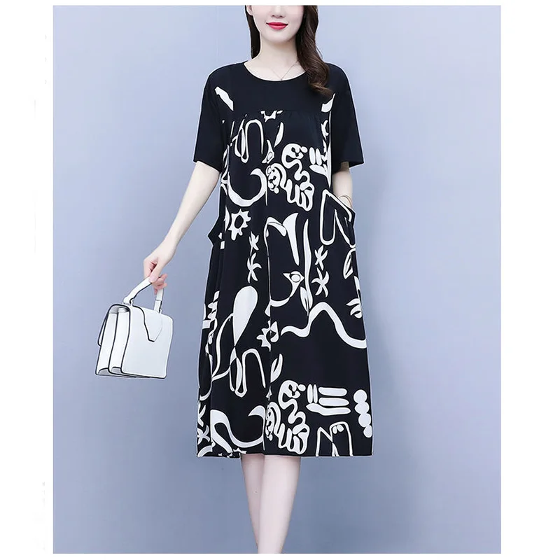 Fashion O-Neck Printed Spliced Loose Folds Fake Two Pieces Midi Dress Women's Clothing 2023 Summer New Oversized Casual Dresses