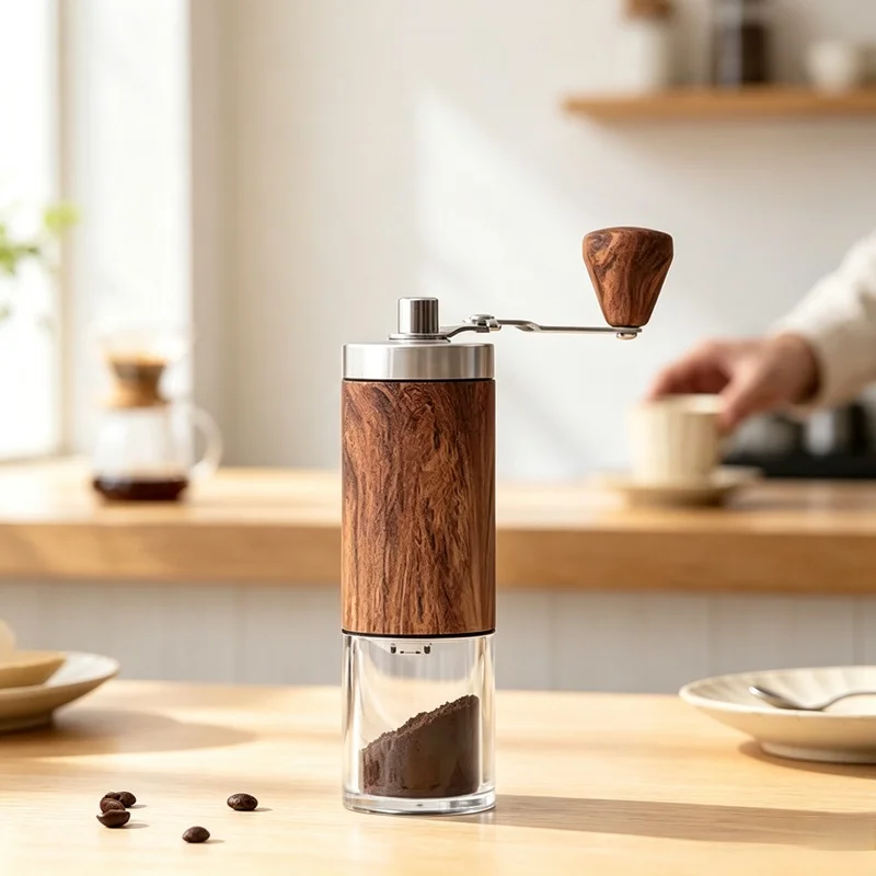 Portable Wood‑Grain Manual Coffee Grinder, Stainless Steel Crank Hand Coffee Bean Mill Home Kitchen Accessory