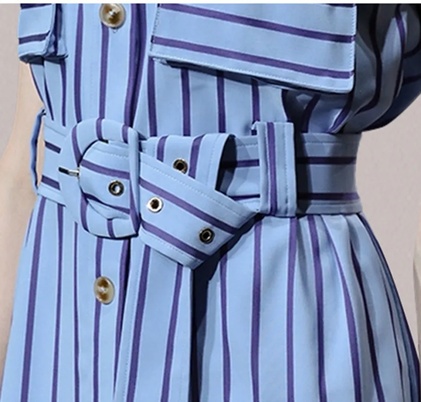 2023 Summer Blue Striped Shirt Dresses Fashion Designer Women Lapel Single Breasted Pockets Ladies Office Midi Dress With Belt