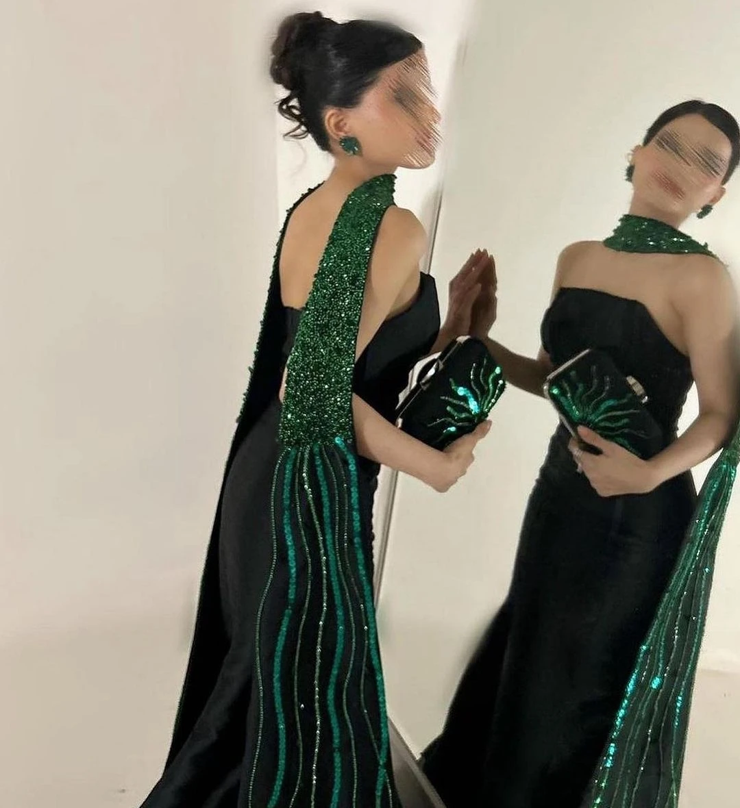 Lovestory Simple Black Mermaid Prom Dresses Strapless Zipper Back Evening Party Birthday Gowns with Green Sequins Wraps Vestidos