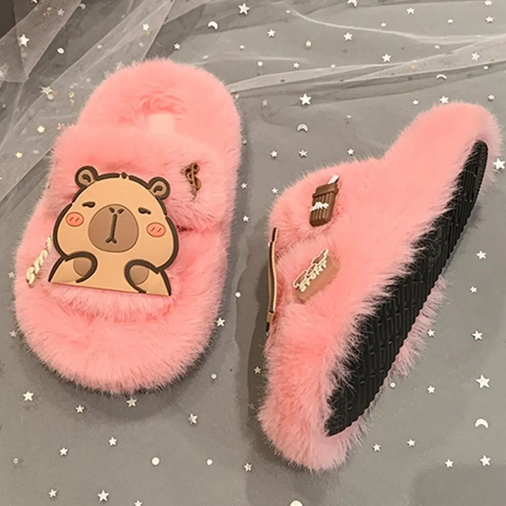 Creative Children Warm Capybara Slippers Animal Kawaii Capibara Plush Slippers Rubber sole Fluffy Winter Home Shoes Indoor