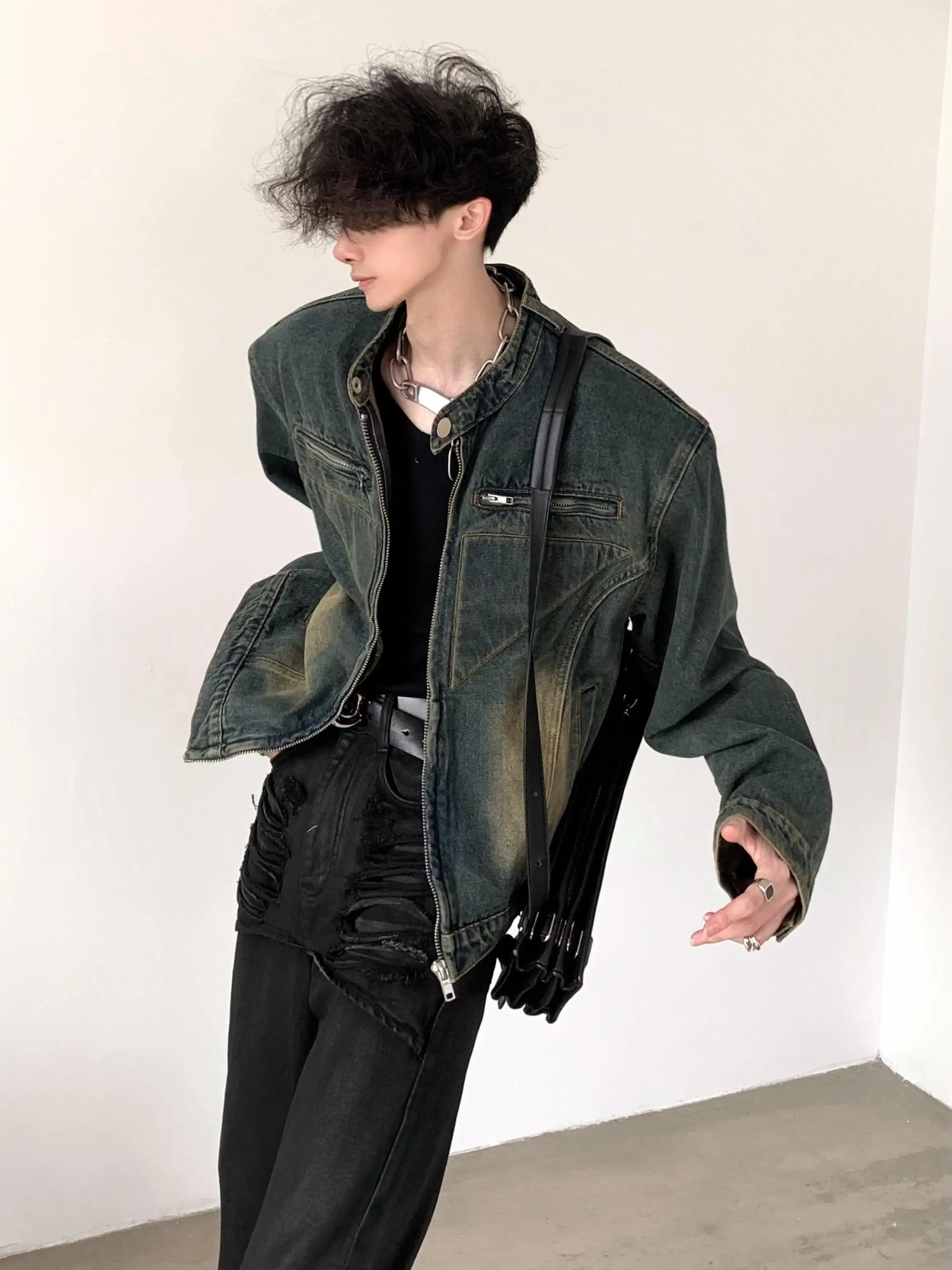 Youthful Short Washed Denim Jacket Men's Deconstructed Design Shoulder Pad Vintage Style Spring Autumn Winter Outerwear