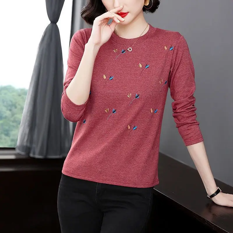 2023 New Women\'s Clothing Tops O-Neck Long Sleeve Thick Office Lady Commuter Autumn Winter Casual Printed All-match T-shirt