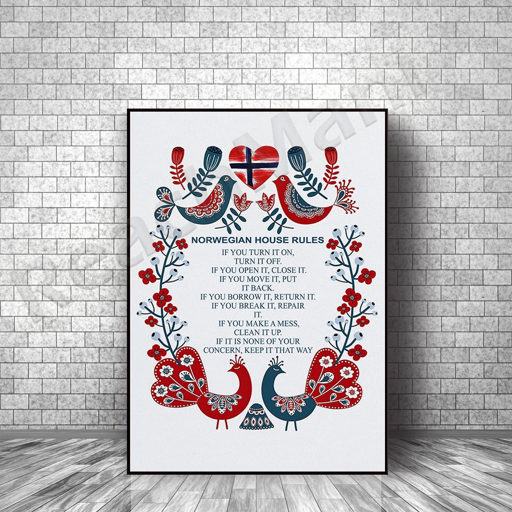 Norwegian House Rules Vertical Poster Canvas, Scandinavian Art, Norwegian Gifts, Scandinavian Folk Art, Swedish Gifts
