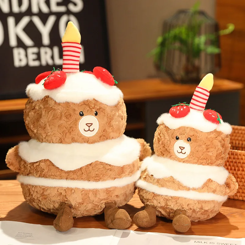 

25CM Cute Cartoon Bear Cake Adorable Birthday Cake Plush Toys With Candles Fruit Strawberry Cuddly Muffins Soft Dolls Great Gift