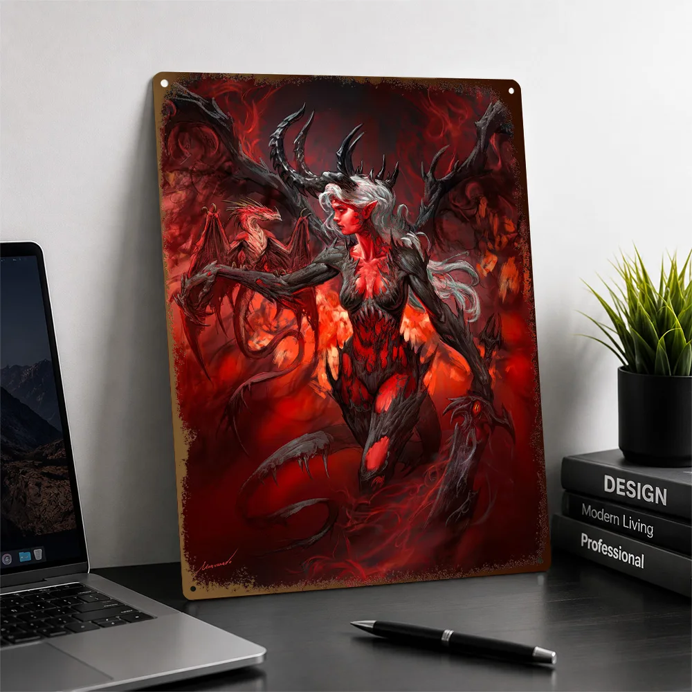 Demon Queen With Dragon Textured Metal Poster Illustrated Wall Art For Gaming Room Personalized Aluminum Sign Housewarming Gift