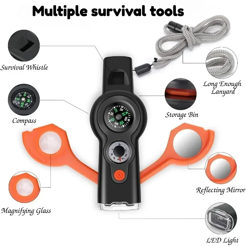 صفارة وظيفة النجاة في حالات الطوارئ 7 في 1، مكالمة استغاثة خارجية، مزودة بوصلة، ضوء LED، صفارة نجاة خارجية #1