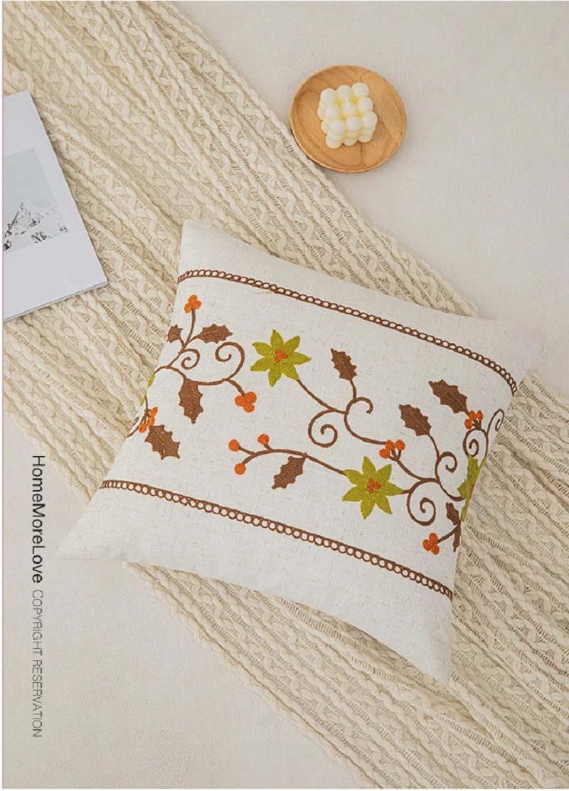 45x45cm Floral Embroidered Throw Pillow Covers Farmhouse Cottage Blue Flowers Green Leaves Pattern Cotton Canvas Cushion Case