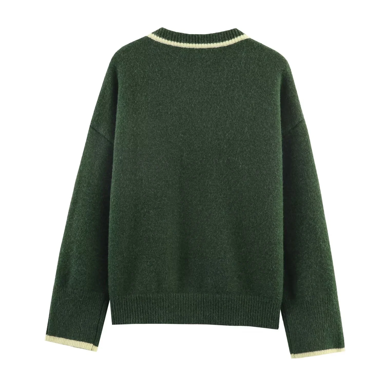 2025 Winter New Women's Casual Fashion Sweet Loose Round Neck Long Sleeve Color Block Trim Knitted Cardigan Sweater