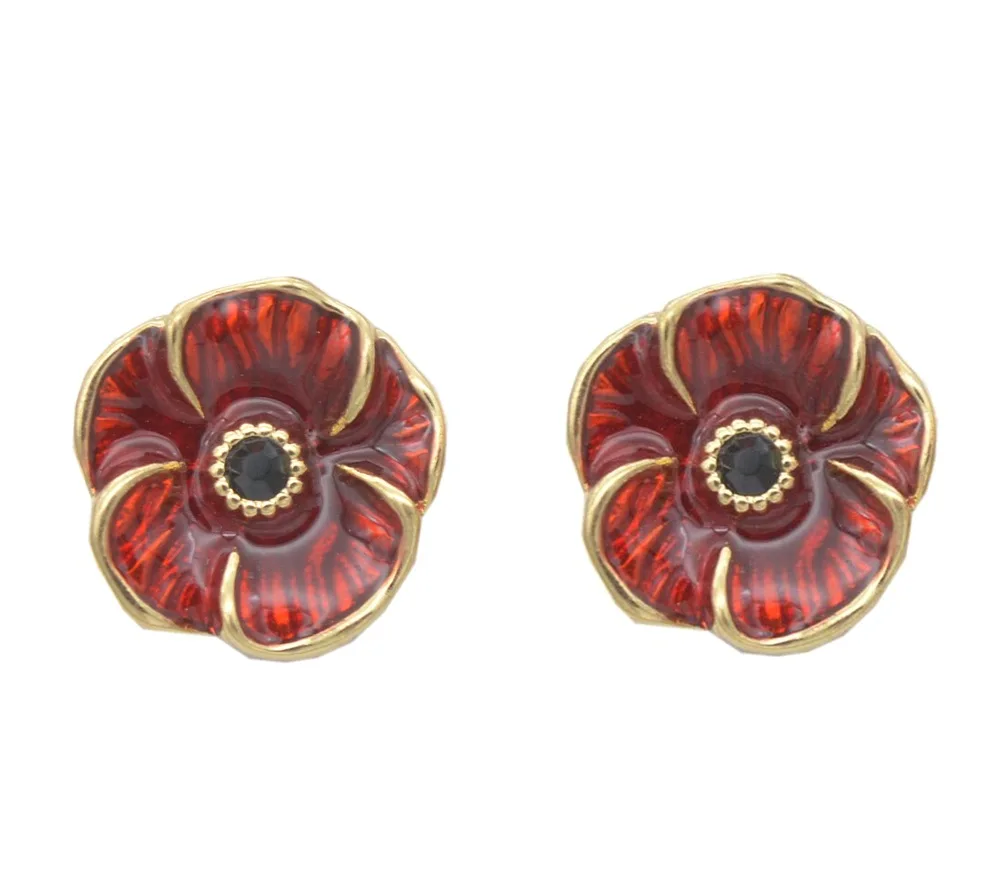 Red Poppy Stud Earrings for Women Vintage Flower Memorial Jewelry Red Oil Drop Earrings Gift Wholesale