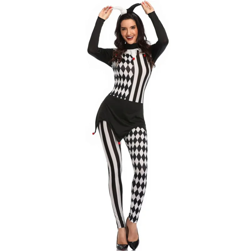 Frauen Killer Clown Kostüm Erwachsenen Cosplay Terror Clown Overalls Halloween lustige gruselige Kleidung weiß schwarz Streifen Clown Outfits