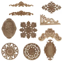 New Flower Wood Carving Natural Wood Appliques for Furniture Cabinet Unpainted Wooden Mouldings Decal Decorative Figurine