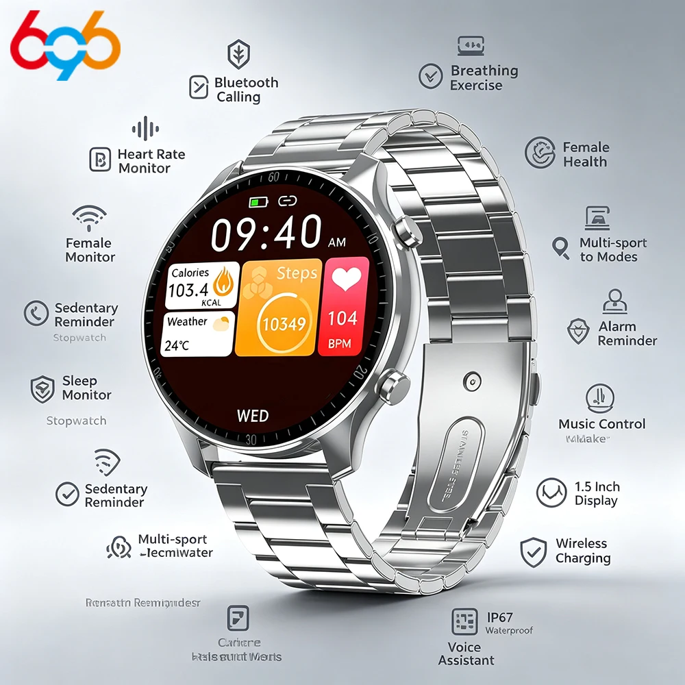 

Sleep Health Monitor Smart Watch Men Outdoor Sports 1.5 Inch HD Screen Heart Rate BT Call Waterproof Business Smartwatch Sports