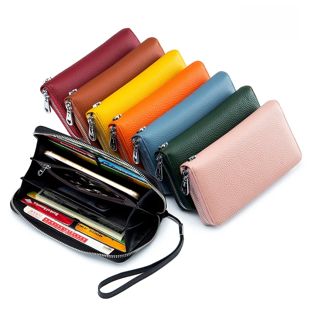 Cartera Larga para Mujer, de Cuero Vac de Primera Capa, con Cierre, Bolso de Mano Simple para Teléfono Móvil, con Bloqueo ...