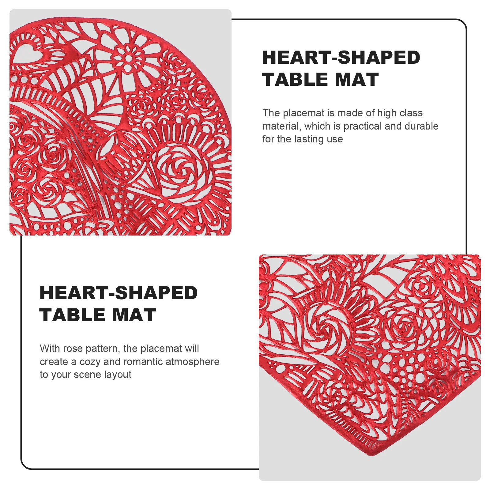 

2Pcs Heart Shaped Placemat Rose Pattern Romantic Table Mat Dining Household Table Decoration Rose Placemat Dish Mat