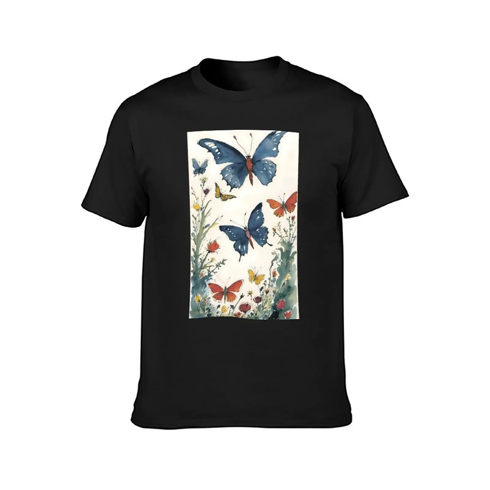 Butterflies Among Flowers. Watercolor T-Shirt sports fans quick drying anime clothes plain mens graphic t-shirts hip hop