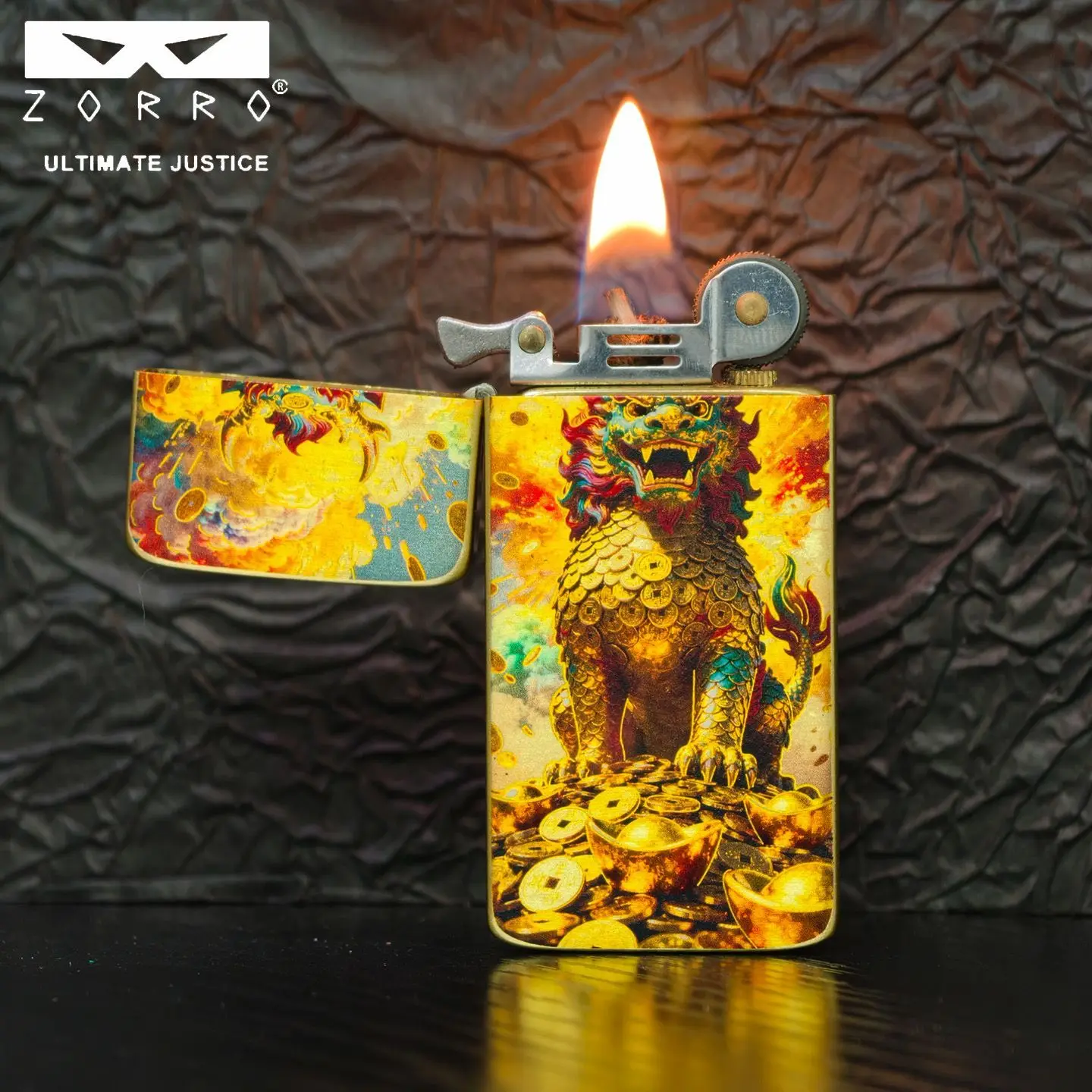 ZORRO Pure Copper Card Style Ultra-thin Kerosine Lighter, Retro Pure Copper Carved Enamel Painted Double-sided Cigarette Lighter view 6