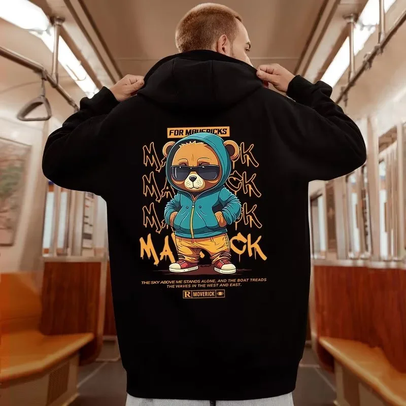 5XL American Style Street American Little Bear Print Oversized Hoodie Couple Hoodie Student's Large Soft Velvet Hooded Sweater