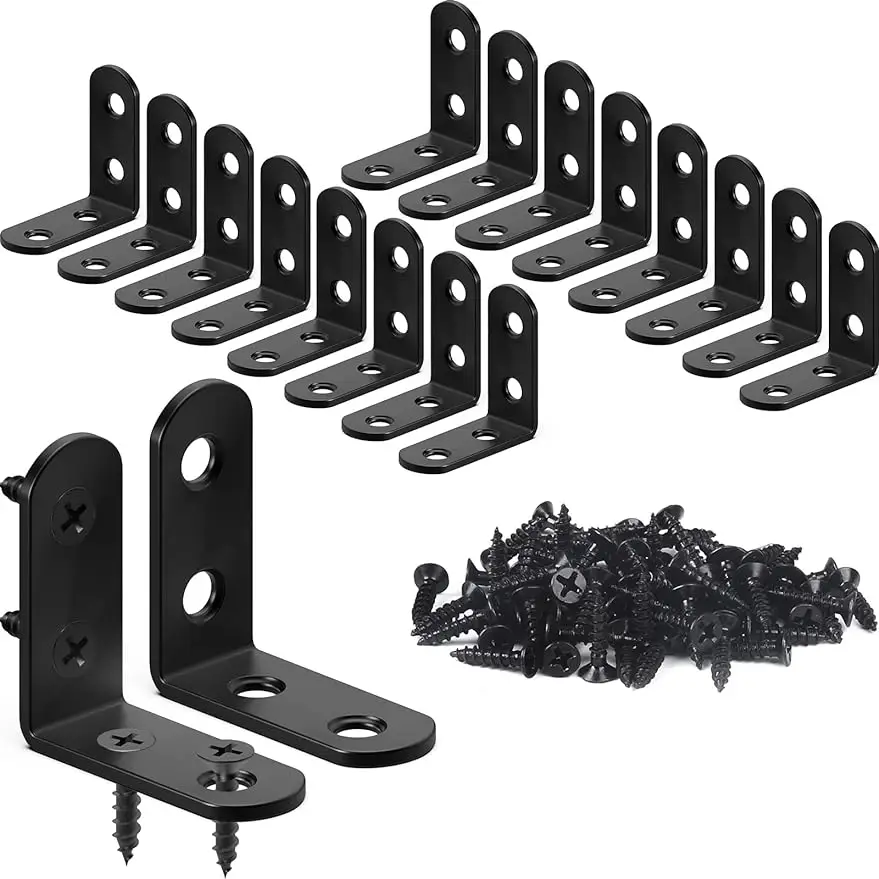 18PCS L Bracket Corner Bracket Stainless Steel for Shelves Black Small Right Angle Bracket Metal Corner Brace with 72PCS Screws