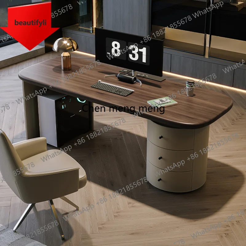 

Fashion Wooden Rounded Corner Desk with Drawer Storage Cabinet,Contemporary Writing Table for Home Office or Study Room