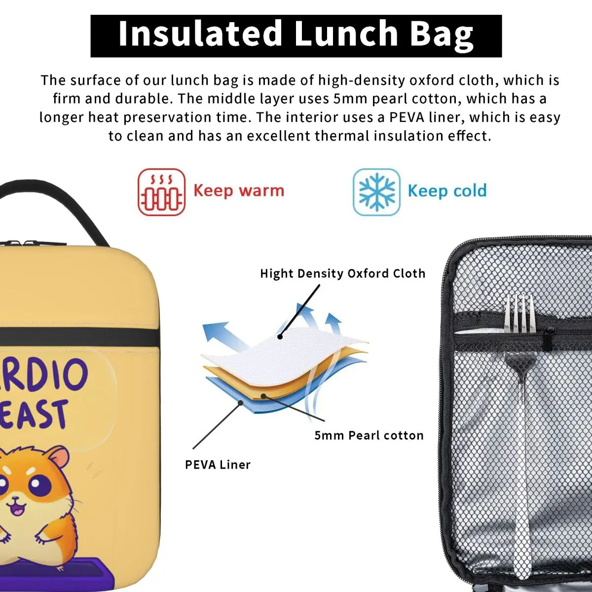 Cardio Beast Hamster Workout Sticker Insulated Lunch Bag for Women Children Portable Food Boxes Thermal Lunch Box Tote