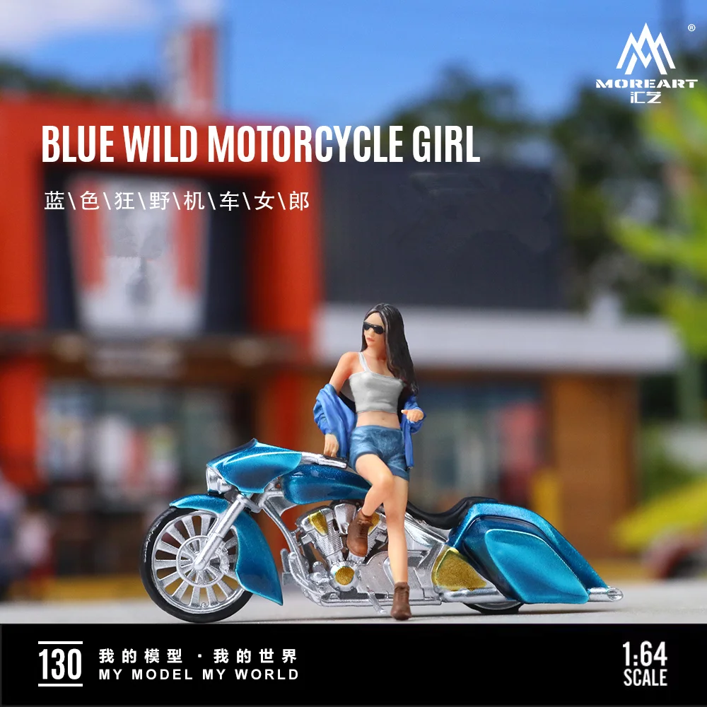 **Pre-order**More Art 1:64 Blue Wild Motorcycle Girl Doll Set Model For Display & Collection & Gift