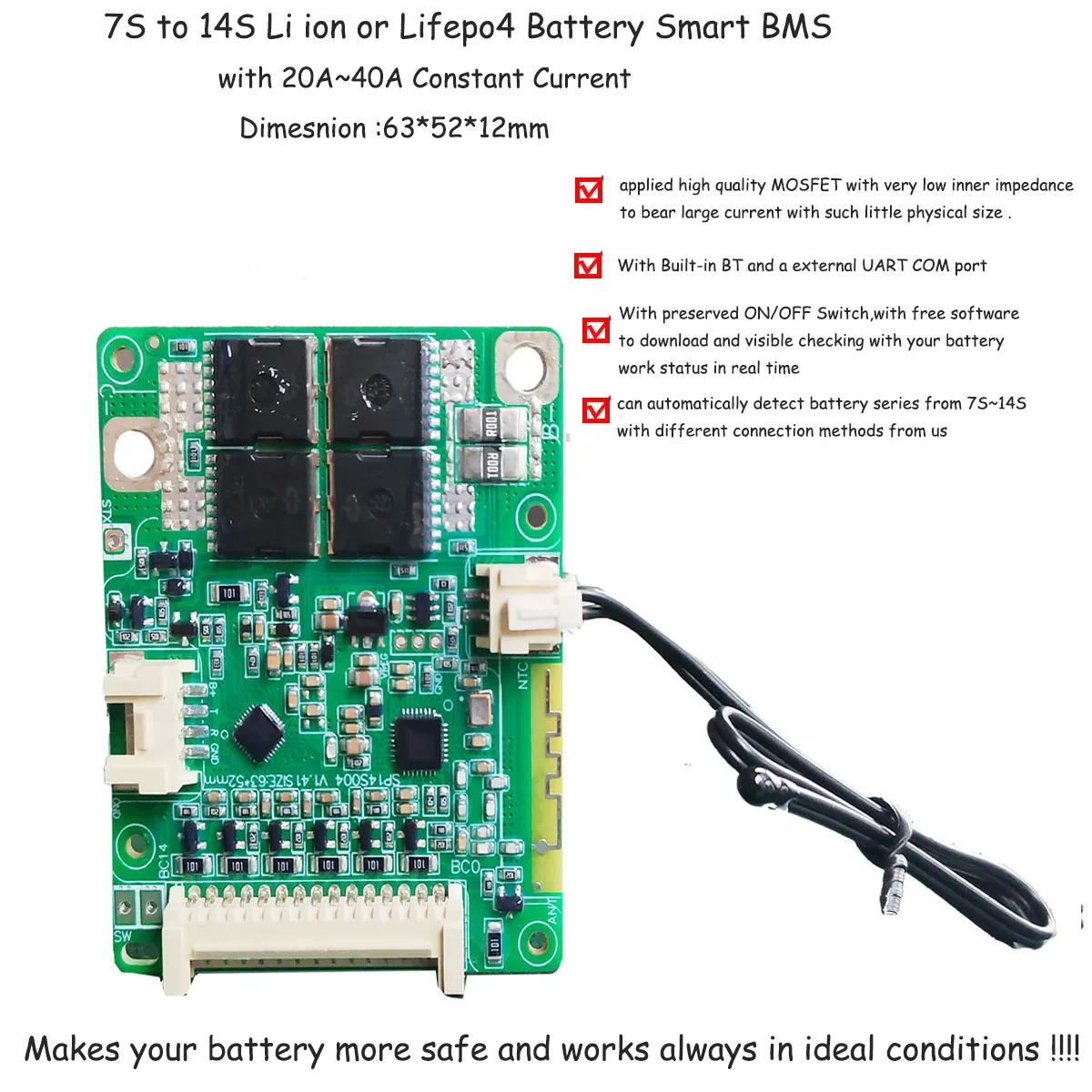 7S 8S 9S 10S 11S 12S 13S 14S Smart Bluetooth BMS with UART Communication for 24V 36V 48V Lithium ion or Lifepo4 Battery