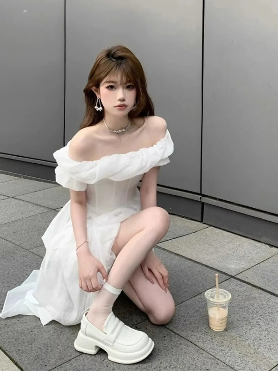 

Engagement Birthday Luxury mat High-End Fing Princ Gown One oulder White Fibone Lace Dr