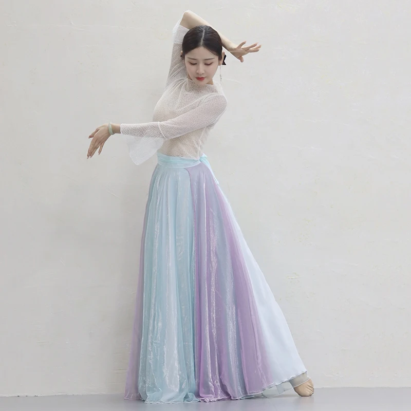 Classical Dance Skirt One piece 540 degree Shining Dream Blue Double layered Flowing Purple Yarn Skirt Dance Half Dress