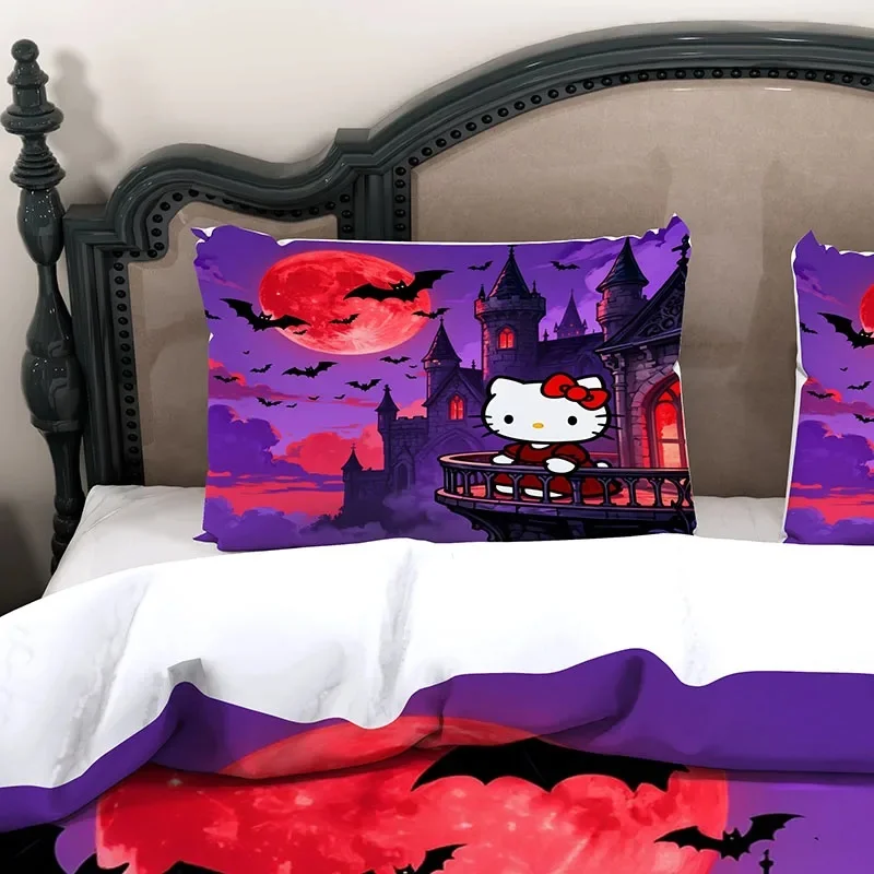 Hello Kitty 3Pcs Microfiber Bedding Set,3D Halloween Gothic Castle Red Moon Bat Kitty Duvet Cover And 2 Pillowcases For Gift