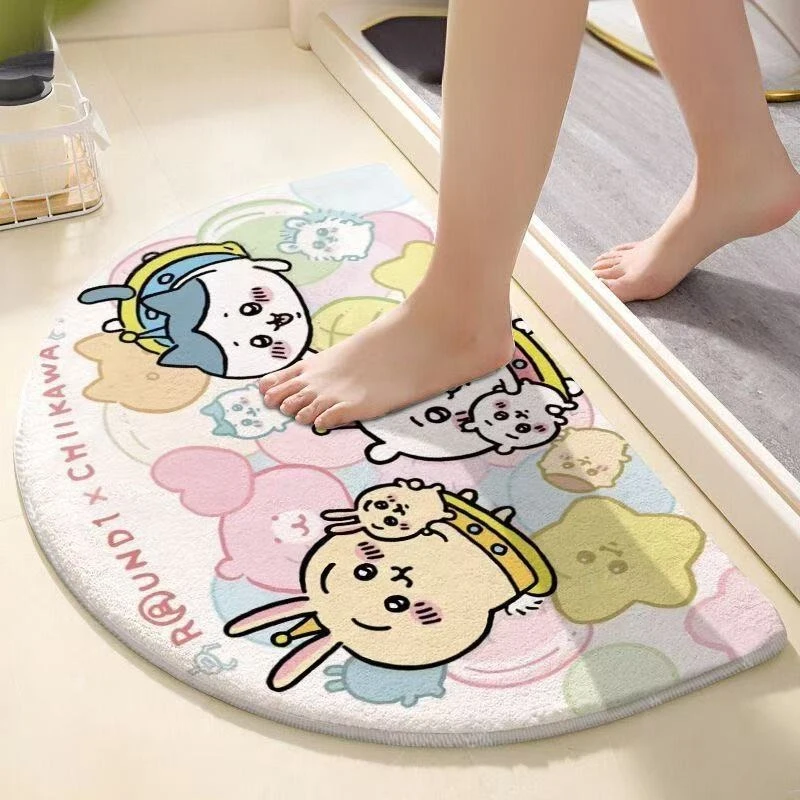 Chiikawa Semi Circle Bath Mat Cute Anime Hachiware Usagi Print Soft Fluffy Water Absorbent Doormat Non Slip Curved Floor view 2