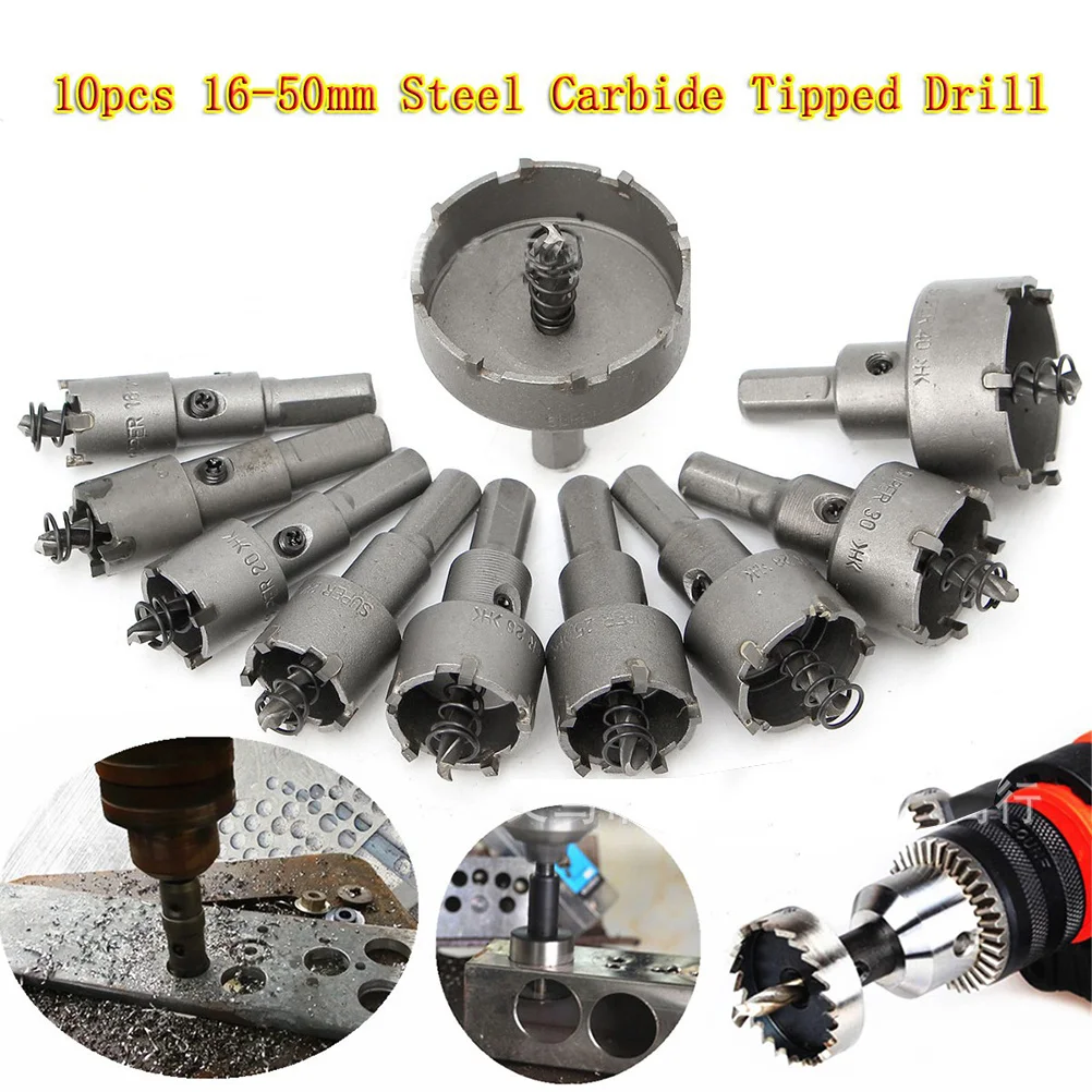 

10Pcs Carbide Tipped Drill Bit Hole Cutter Set 16-50mm Accurate Metal Hole Saw for Stainless Steel Aluminum Iron Plate
