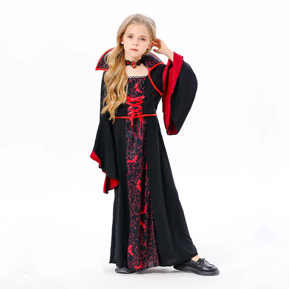 Kids Girls Medival Retro Vampire Cosplay Dress Stage Performanece Costume Daily Clothing Outfits Halloween Carnival Party Suit