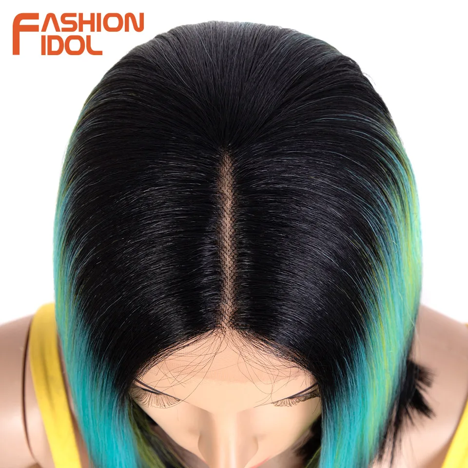 FASHION IDOL-Peluca de cabello sintético con encaje frontal para mujer, cabellera artificial recto Yaki de fibra resistente al calor, color marrón degradado, Cosplay