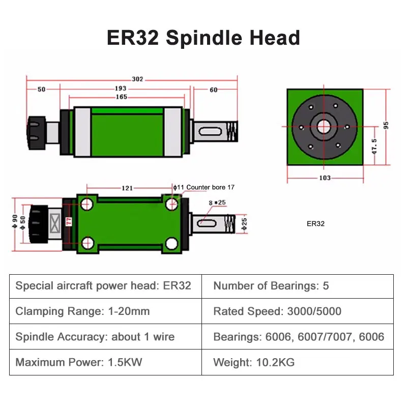 1pc ER20/25/32 Spindle Collet Power Head Machine Tool Spindle Head For Boring Milling Drilling High Speed Waterproof