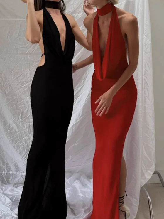 Vestido sexy con escote en V y espalda descubierta con abertura lateral, vestido elegante de satén para fiesta, vestido largo formal, vestido ajustado de cóctel elegante