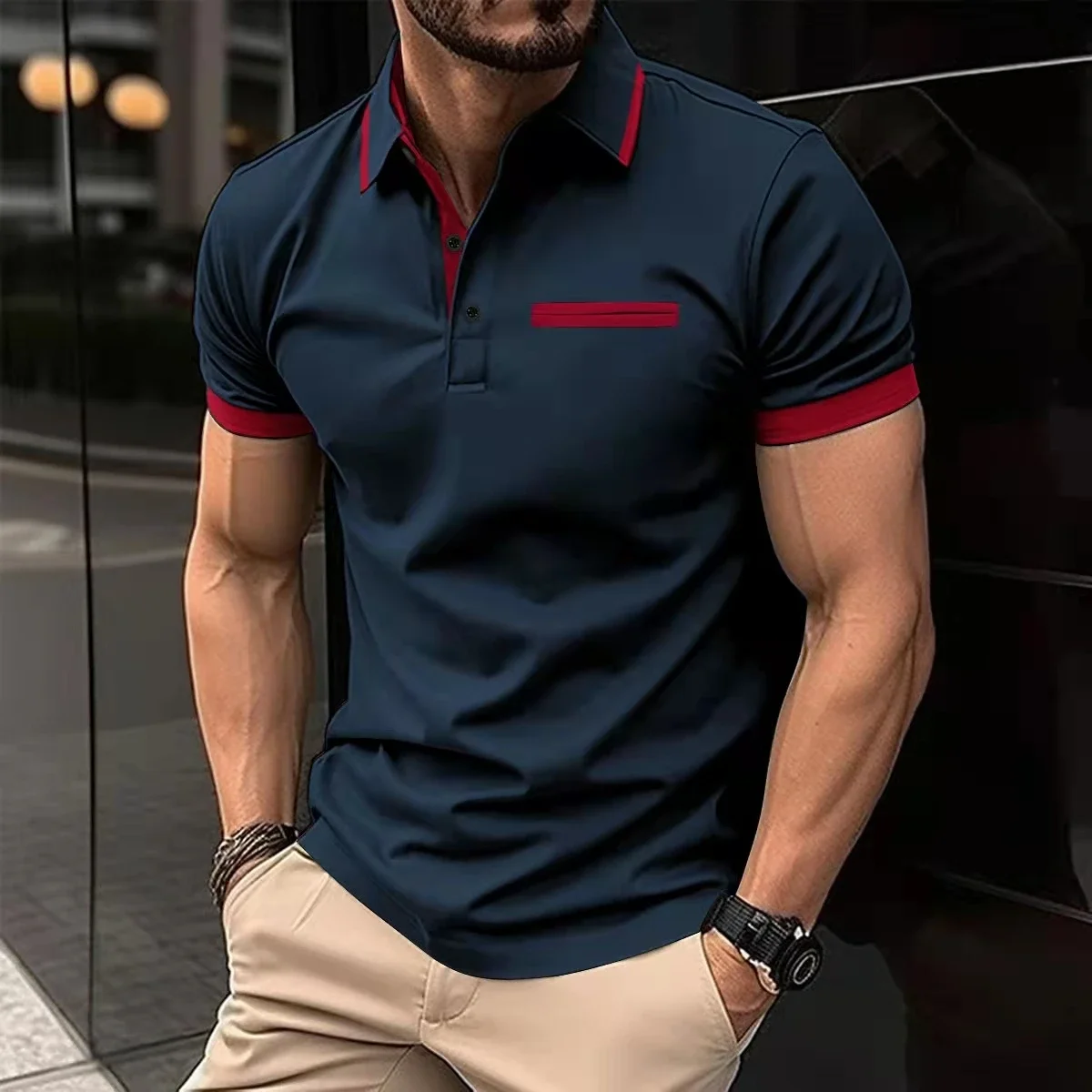 Summer men\'s short-sleeved polo shirt casual breathable top T-shirt fake pocket design men\'s casual street wear