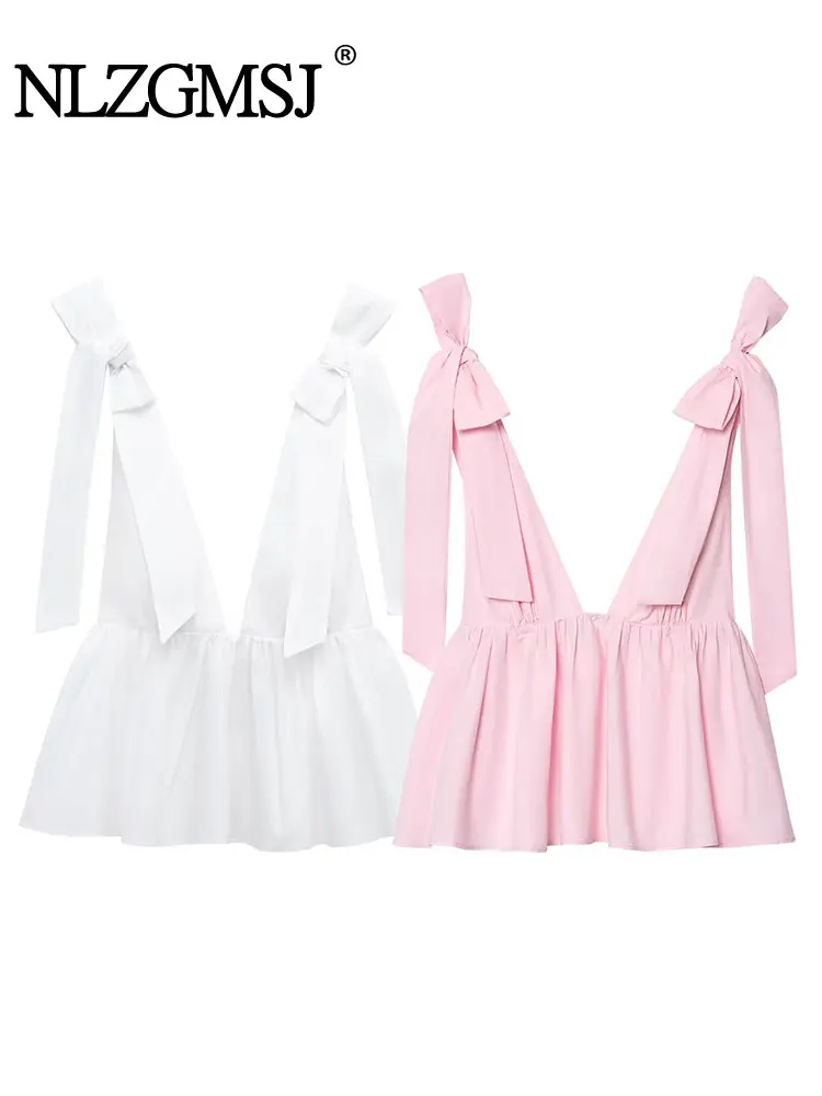 

Women's Top Fashion Solid Sling Tops For Women Bow Lace Up Sleeveless Short Tops 2025 Summer New Elegant Party Top