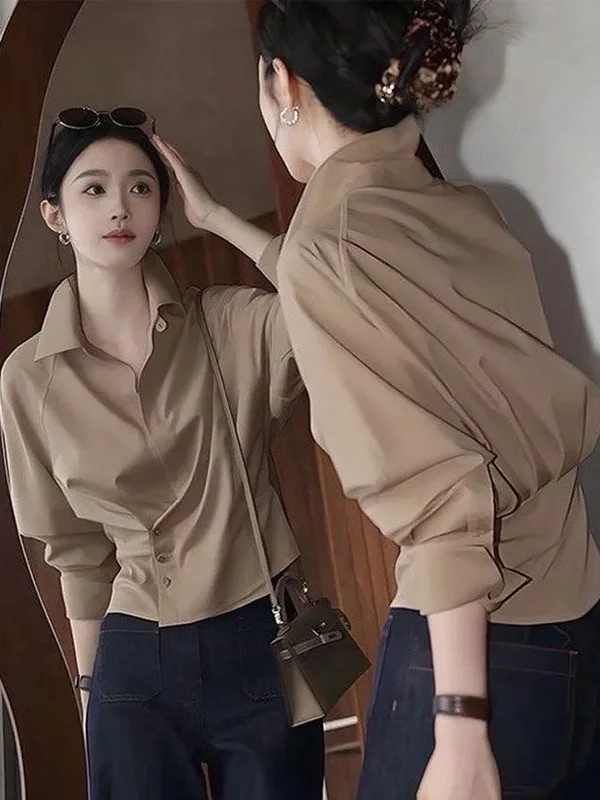 

Ele Casual Coffee Color irt Женский модный топ для поездок на работу Универсальный длинный свеч Ne на пуговицах