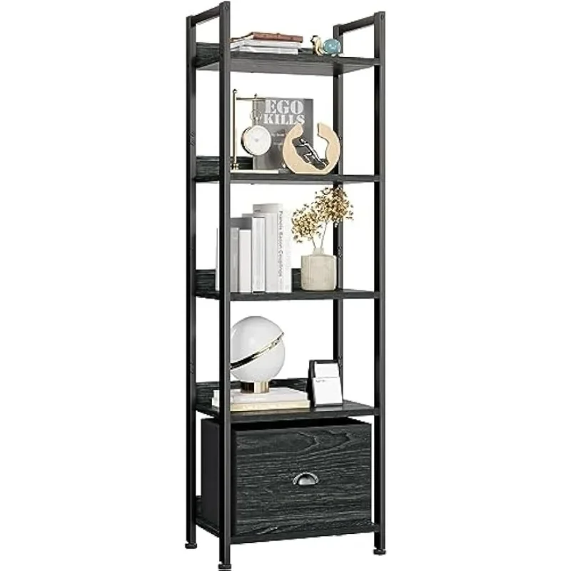 

5 Tier Bookshelf with Drawer, Kitchen Bakers Rack with Storage, Tall Narrow Bookcase, Industrial Free Standing Display