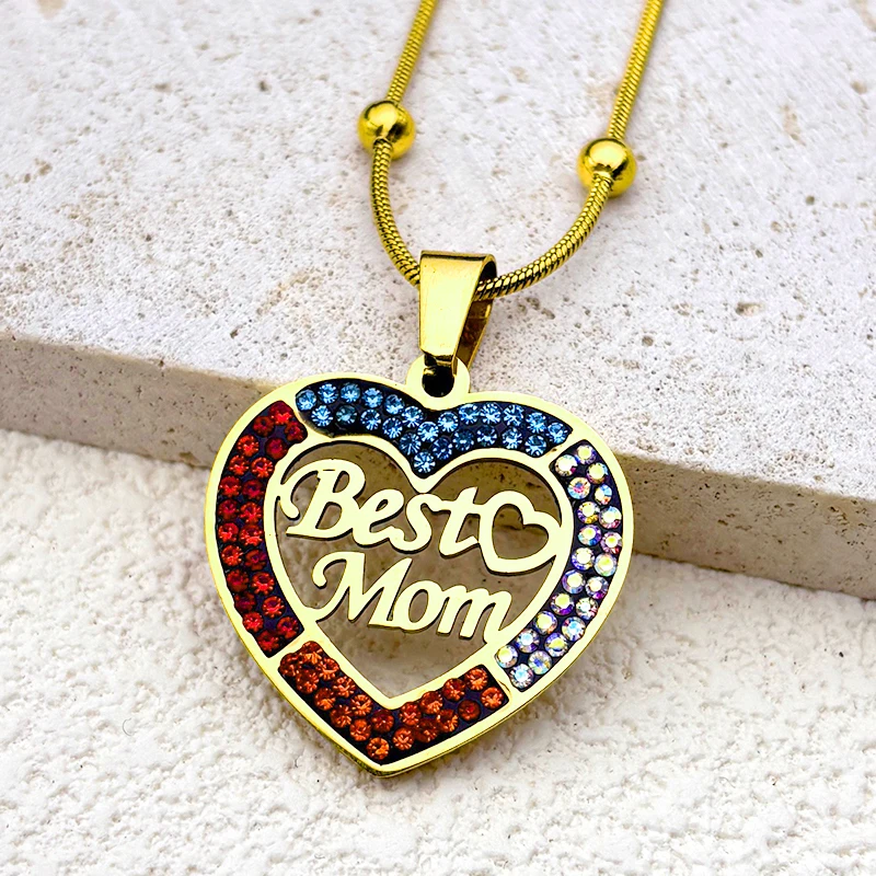 

Best Mom Heart Love Rhinestone Necklace For Women Men Stainless Steel Gold Color Family Mother Chain Jewelry Mother'S Day Gifts