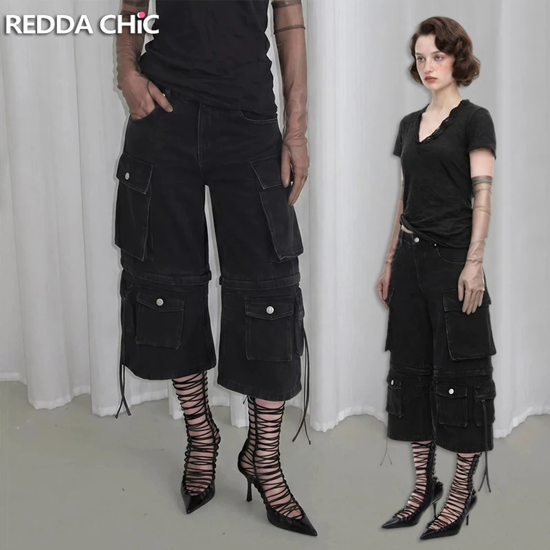 REDDACHiC Pantalones Cortos Cargo Vaqueros Negros Vintage para Hombre, Holgados, con Múltiples Bolsillos, de Tiro Bajo, Estilo Bermuda, para Descansar, Hip Hop, Streetwear
