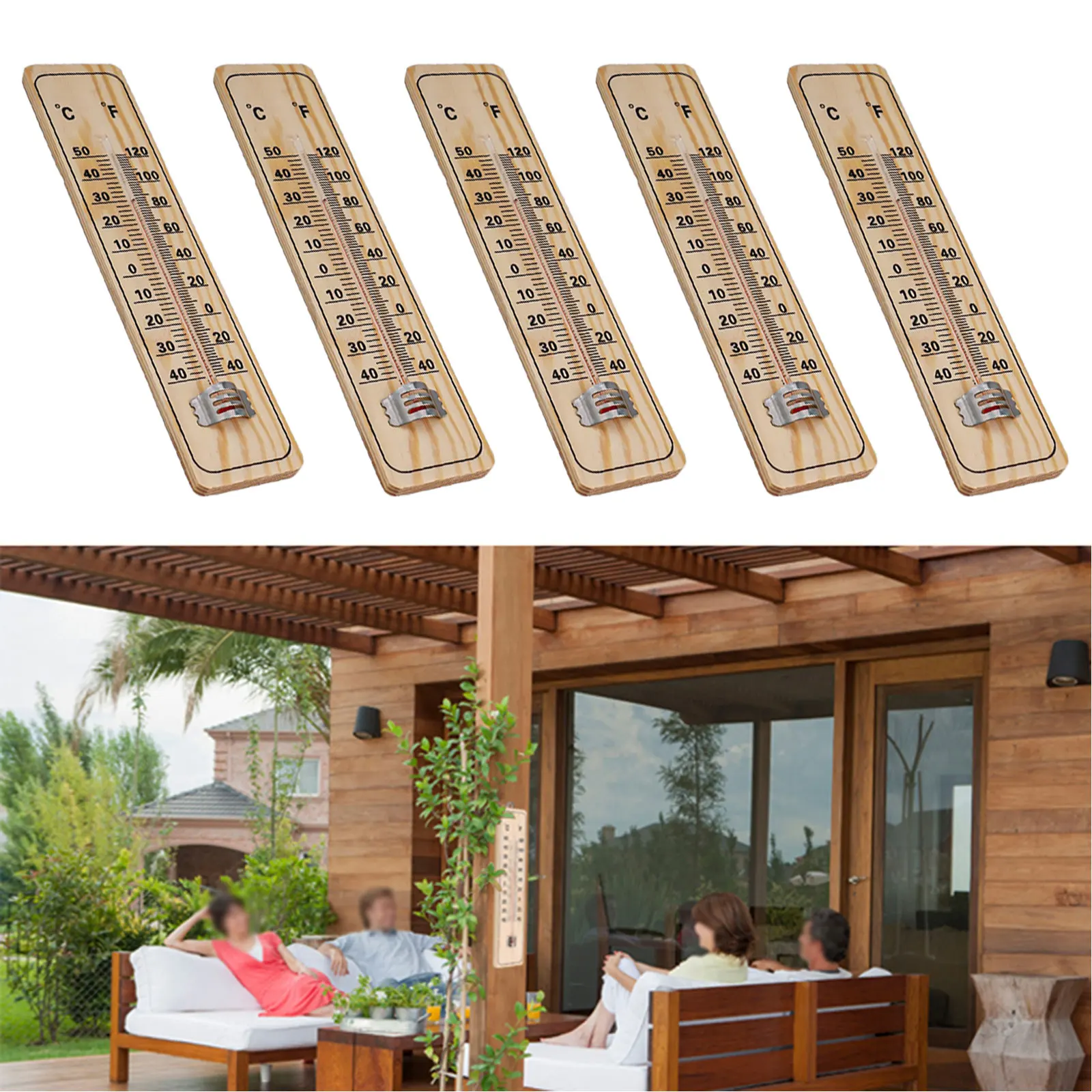 5PCS Wood Wall Hang Thermometer Indoor Outdoor Logger Meter Garden House Garage Garden Breeding Temperature Controller