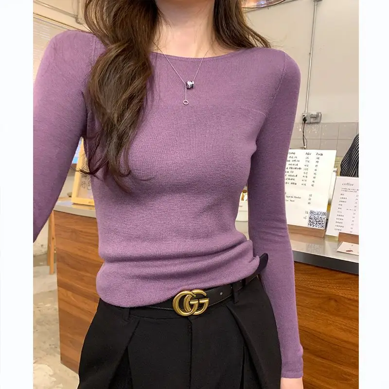 Round Neck Knitted Shirt for Women's Autumn 2024 New Collection Shoulder Hoodie Inner Long Sleeve Shirt Versatile Top