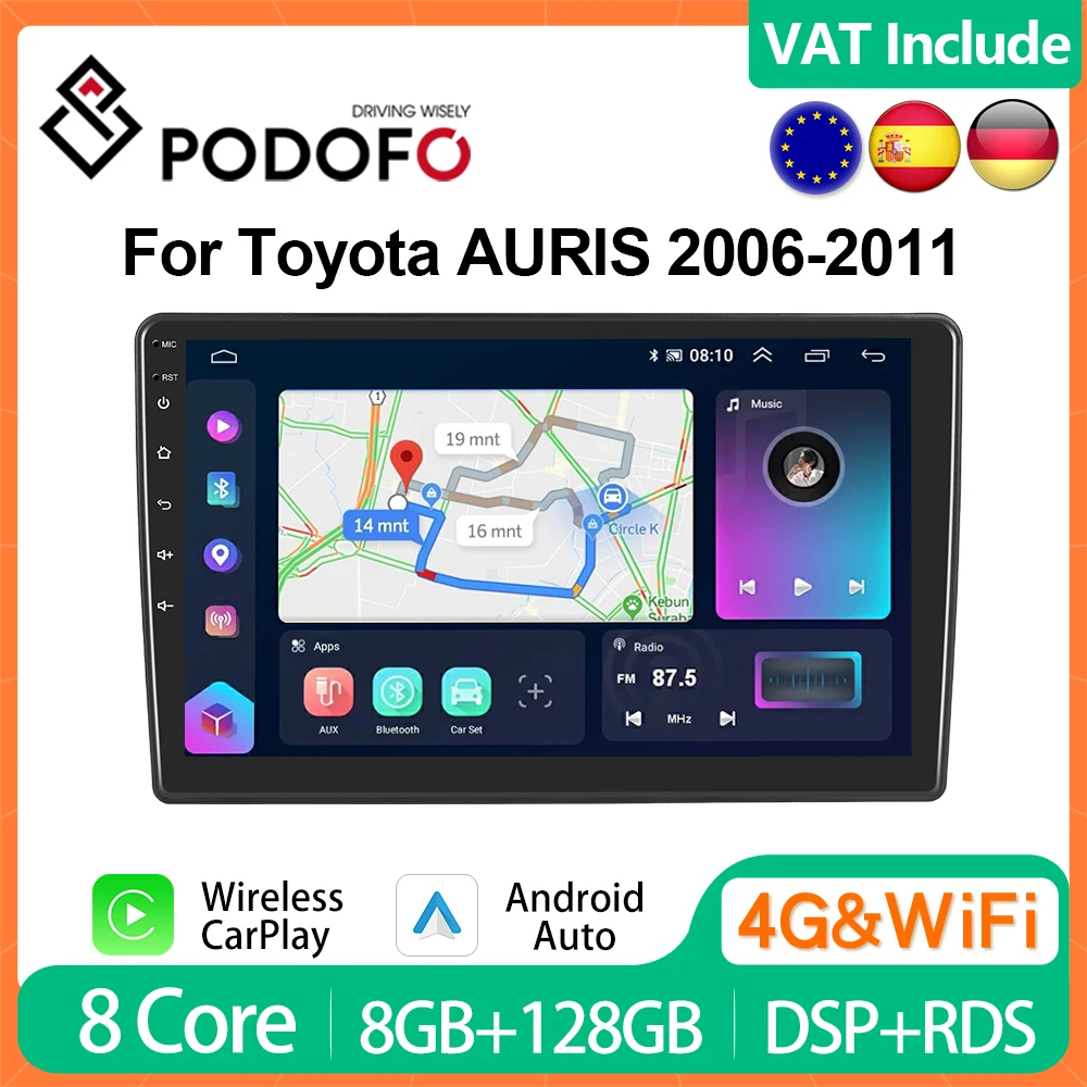 Podofo 4G CarPlay Android Radio For Toyota Auris 2006-2011 Car Multimedia Player 2din GPS Stereo QLED Head Unit DSP Autoradio